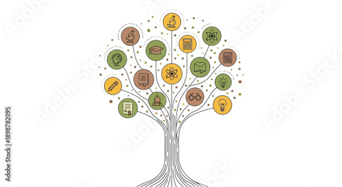 Science education tree vector illustration with colorful icons: microscope, flask, DNA, atom, lightbulb, book, isolated on white