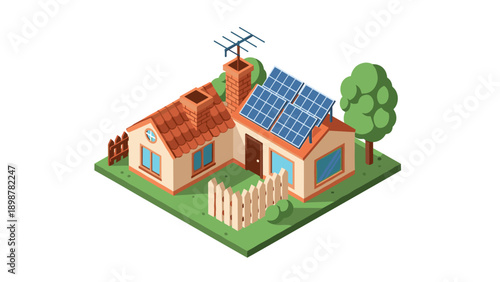 Isometric eco-friendly house with solar panels on roof in green suburban landscape