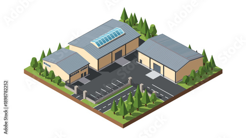 Modern industrial complex in isometric view with green surroundings