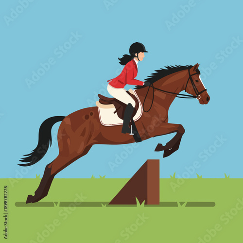 Flat design side view of young woman wearing red jacket and helmet jumping brown horse over fence in outdoor arena