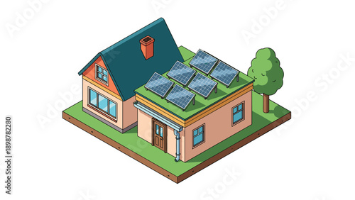 Eco-friendly isometric house with solar panels and green roof