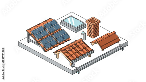 Isometric rooftop design with solar panels and brick chimney
