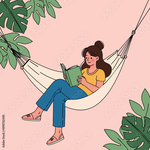 Colorful illustration of smiling woman reading book while relaxing in hammock surrounded by tropical leaves on pink background