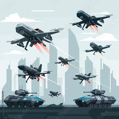 Futuristic military drones and tanks engaged in urban combat with a city skyline background.