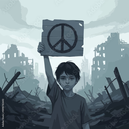 A young boy holds a peace sign in a desolate, war-torn city, symbolizing hope amidst destruction.