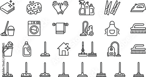 Cleaning icons, household tools, laundry symbols, mop, sponge, gloves, detergent, vacuum, washing machine, broom, hygiene, sanitation, chores, home care