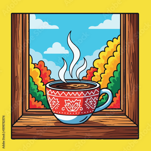 Colorful vector art close up of steaming hot coffee cup near rustic wooden window with autumn leaves vibrant outdoor background