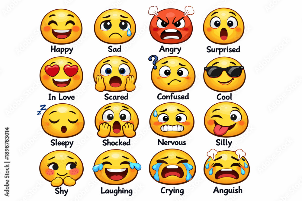 Obraz premium Collection of 16 colorful and expressive emoji faces displaying various emotions
