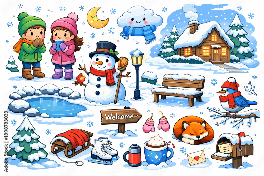 Fototapeta premium Winter wonderland scene with snowman, cozy cabin, and children playing