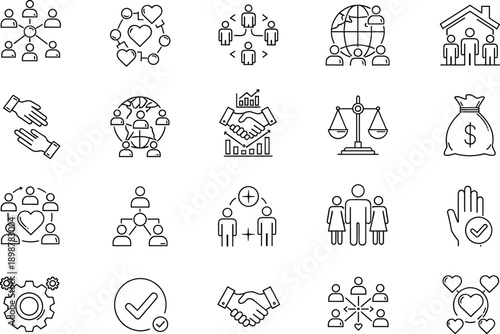 Community icons, teamwork collaboration, social interaction, global networking, family housing, business partnership, fairness justice, caring support, organizational chart, compassion