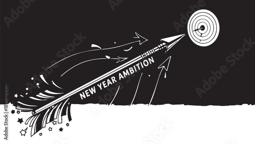 New Year Ambition: Bold Arrow Burst Toward a Target with Confetti and Banner.