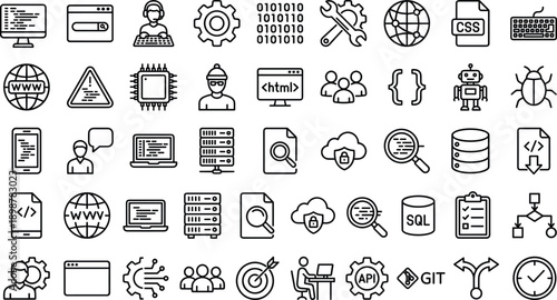 Computer science icons, web development symbols, cybersecurity graphics, programming elements, coding tools, software engineering, digital technology, IT infrastructure, hacker illustration