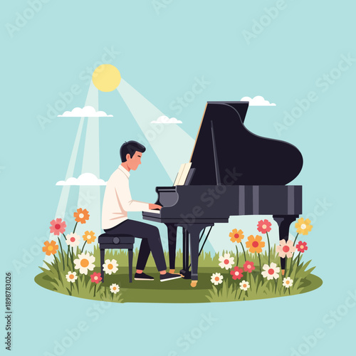 Flat design young man playing grand piano seated on black stool surrounded by colorful flowers under bright sun rays outdoors
