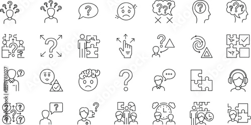 Confusion, problem solving, decision making, question mark icons, puzzled faces, abstract thinking, cognitive challenge, inquiry, uncertainty, help, solution, doubt, brainstorming, mental process