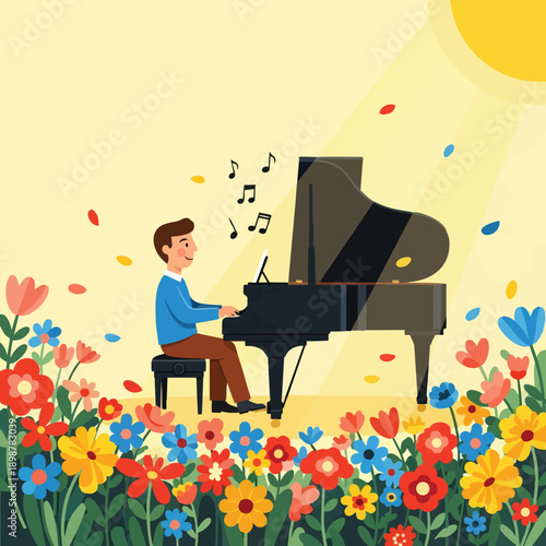Colorful vector art of smiling man playing grand piano in blooming garden under bright sun rays with musical notes