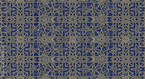 Intricate geometric pattern with metallic gold lines on a deep blue background, evoking a sense of luxury and tradition.