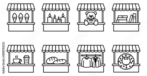 Outline line art market stall set featuring ice cream, candles, books, and clothing for retail and events