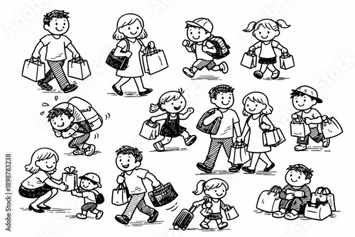 Cartoon illustrations of diverse characters engaged in shopping and everyday activities