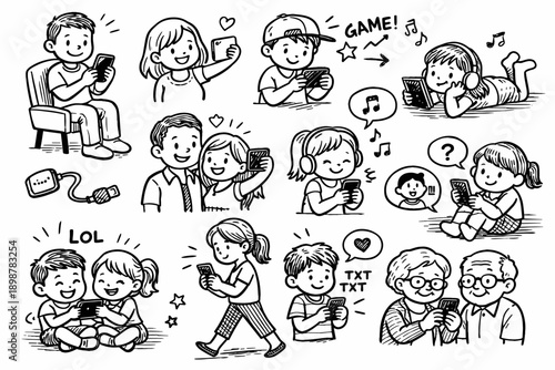 Diverse people enjoying technology: families, couples, individuals of all ages engaging with digital devices