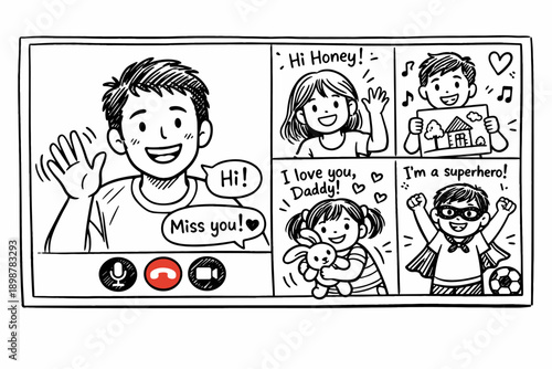 Virtual family call with young caucasian children and father