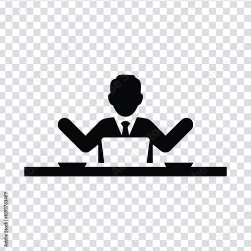 Businessman sitting at desk with laptop computer in silhouette style