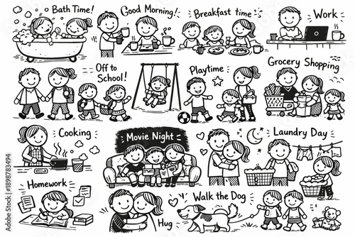 Daily routine stick figures: family activities and tasks in black and white
