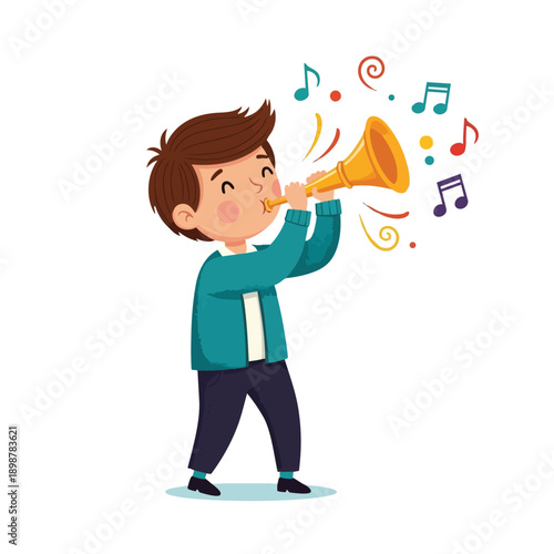 Colorful vector art of smiling boy playing golden trumpet with musical notes floating around in cheerful flat design style