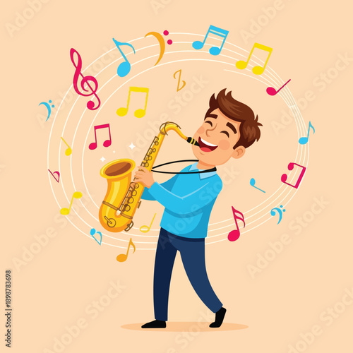 Colorful vector art of happy boy playing saxophone surrounded by musical notes on light peach background smiling