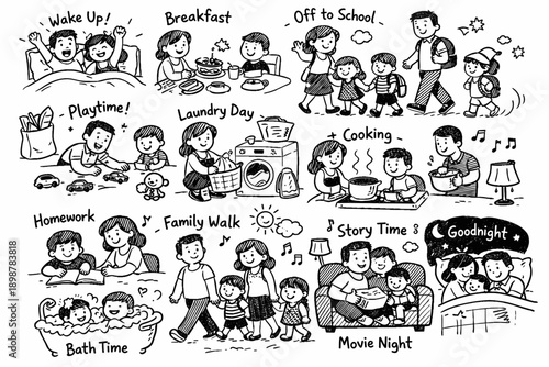 Daily routine of a family with children illustrated in black and white