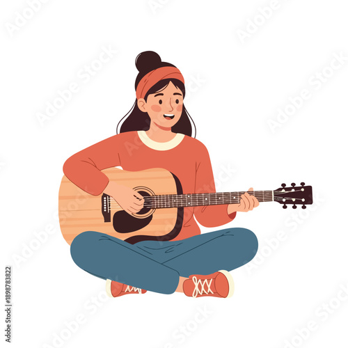 Colorful illustration of smiling girl sitting cross legged playing acoustic guitar wearing orange sweater and headband with blue pants and sneakers