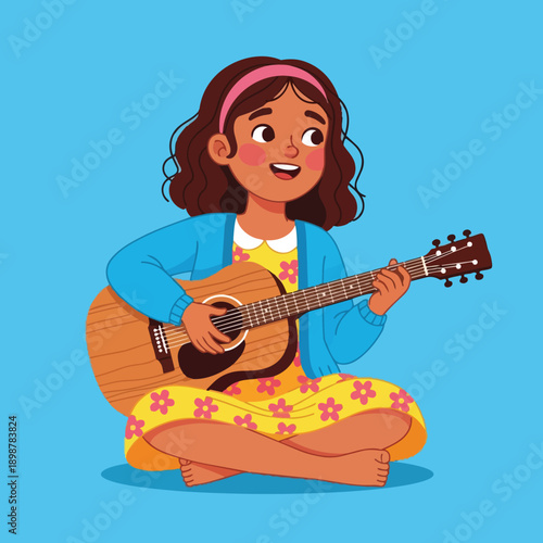 Colorful illustration of smiling girl sitting cross legged and playing wooden guitar with blue cardigan and yellow floral dress