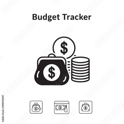 Descriptive budget tracker icon featuring wallet, money, and coins for financial planning and expenditure monitoring.