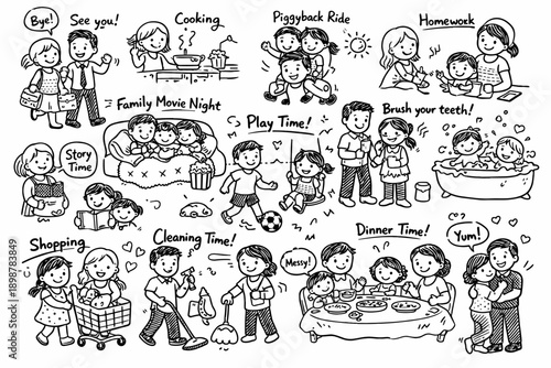 Illustrated family life scenes in black and white with children and parents engaging in various daily activities