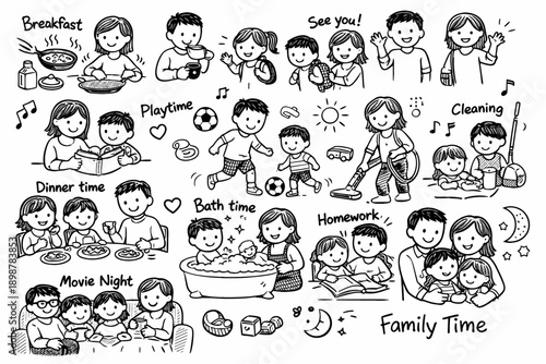 Caucasian family enjoying activities: dinner, play, cleaning, bath, homework, movie night