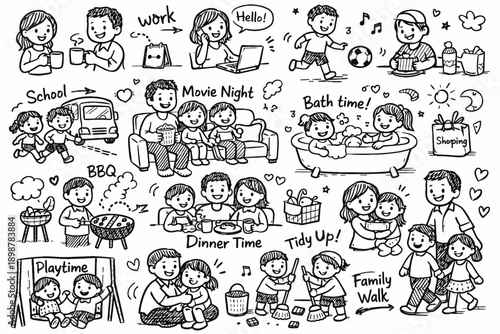 Illustrated family life scenes including school, work, and leisure activities