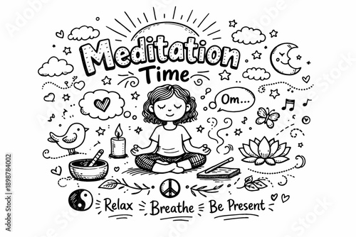 Mindfulness meditation design with peaceful elements and positive messages