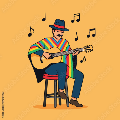 Colorful vector illustration of man in rainbow poncho and hat playing guitar seated on red stool with music notes