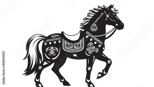Ornate black horse silhouette with intricate saddle and decorative patterns.