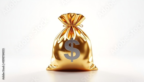 A shiny gold money bag with a dollar sign on a white background