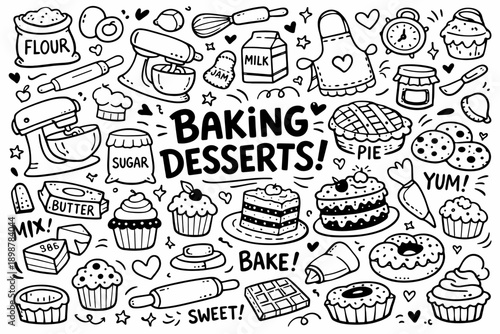 Hand-drawn black and white baking desserts pattern with cakes and sweets