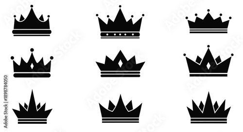 Collection of black crown icons in various regal designs and styles