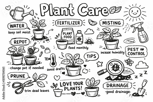 Comprehensive doodle guide to effective plant care tips for healthy growth
