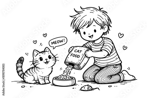 Young child feeding a cat with love and joy