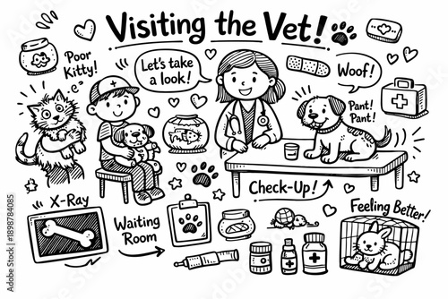 Young caucasian female veterinarian assisting caucasian boy with pets and animal care