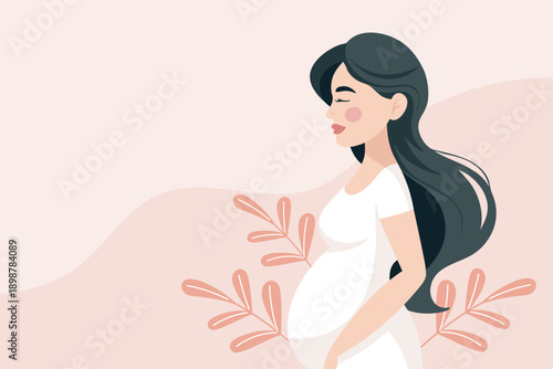 Cute expectant mother with flowers on pink background with leaves. Pregnant woman illustration.