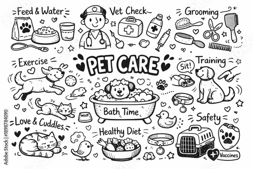 Pet care essentials: grooming, training, nutrition, and veterinary tips illustrated