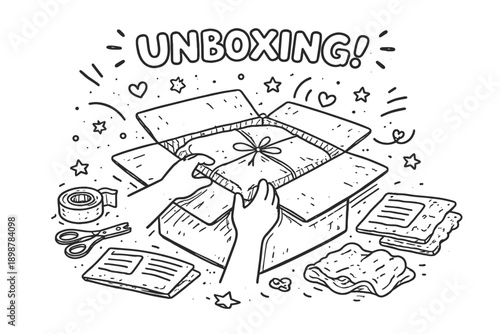 Unboxing surprise gift: hands opening box with scissors, tape, and papers