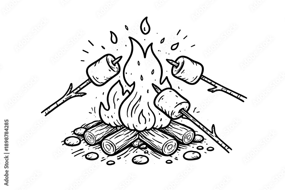 Obraz premium Campfire cooking with roasting marshmallows on sticks in nature