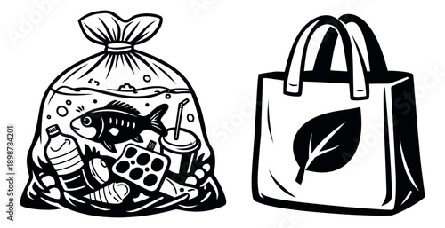 Hand drawn line art illustration set featuring a plastic pollution bag with a fish and a reusable eco tote bag for environmental awareness