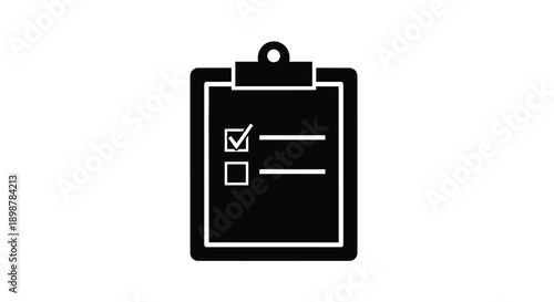 A black silhouette of a clipboard with a checklist and a checked box